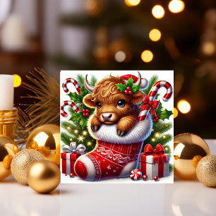 Cartes Pour Fêtes Annuelles Vache Highland adorable dans un bas de Noël