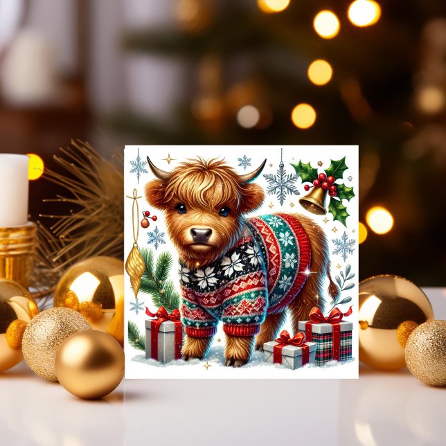 Cartes Pour Fêtes Annuelles Vache Highland confortable en pull de Noël (Créateur téléchargé)