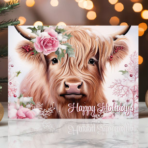 Cartes Pour Fêtes Annuelles Vache Highland de Noël avec des Roses Joyeux vacan