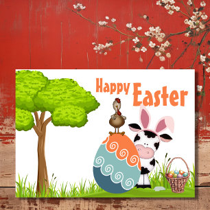 Cartes Pour Fêtes Annuelles Vache mignonne, coq et oeufs colorés ferme Pâques