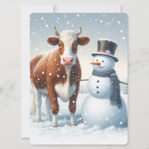 Cartes Pour Fêtes Annuelles Vache mignonne et bonhomme de neige dans le champ 