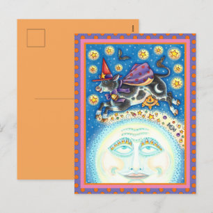 CARTES POUR FÊTES ANNUELLES VACHE SUR L'HOMME DANS LA LUNE, ROUGE COLORÉ
