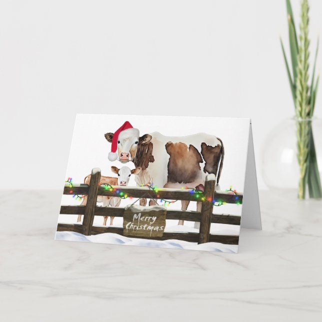 Cartes Pour Fêtes Annuelles Vaches de Noël Aquarelle avec Casquette (Devant)