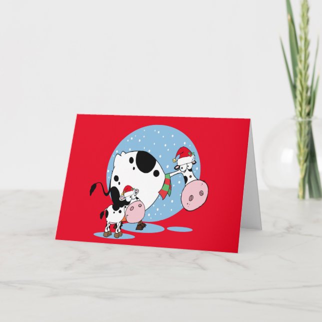 Cartes Pour Fêtes Annuelles Vaches de Noël avec chapeau de Père Noël (Devant)