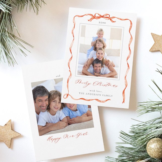 Cartes Pour Fêtes Annuelles Vague Red Ribbon Bow Frame 2 photo Noël (Front & Back)