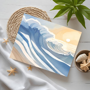 Cartes Pour Fêtes Annuelles Vagues océaniques   Aquarelle bleue