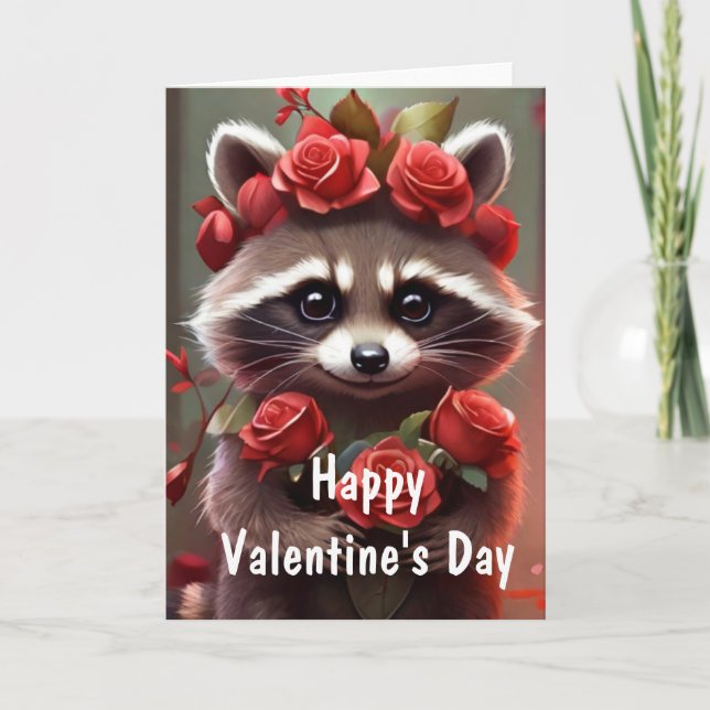 Cartes Pour Fêtes Annuelles Valentine Love Raccoon Kisses et roses (Devant)