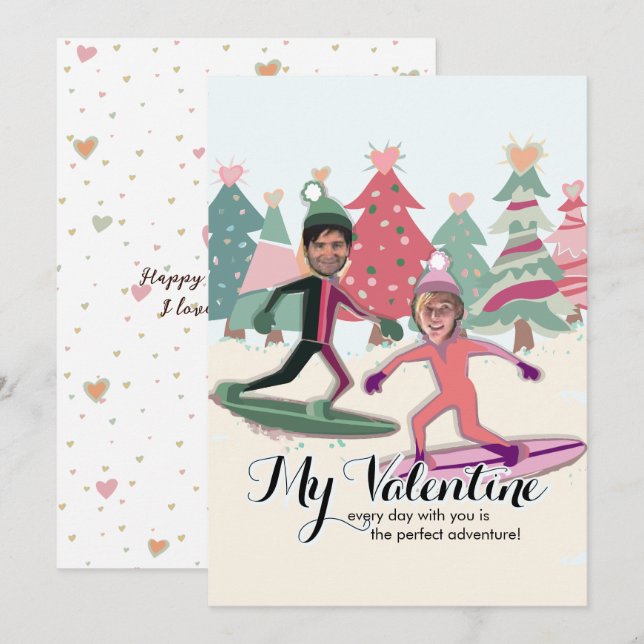 Cartes Pour Fêtes Annuelles Valentines de snowboard (Devant / Derrière)