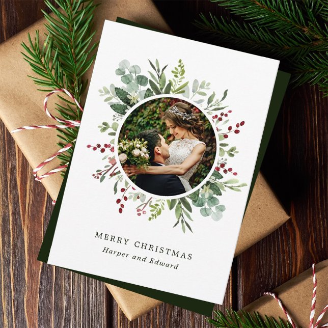 Cartes Pour Fêtes Annuelles Végétal Botanique Wreath Joyeux Noël Photo (Créateur téléchargé)