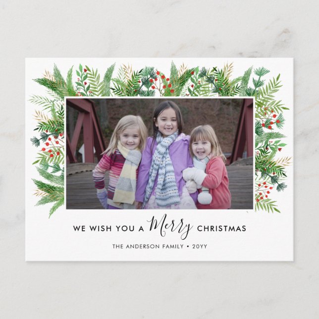 Cartes Pour Fêtes Annuelles Végétal moderne Holly Pines Joyeux Noël Photo (Devant)