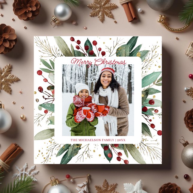 Cartes Pour Fêtes Annuelles Végétation botanique Photo de Noël (Botanical Greenery Christmas Photo Holiday Card)