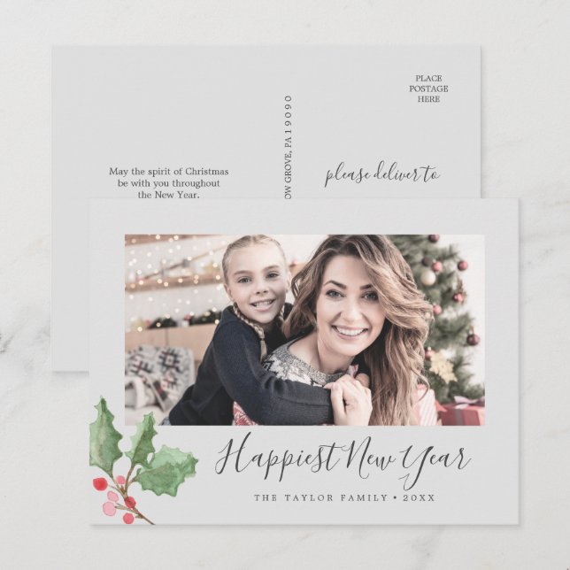 Cartes Pour Fêtes Annuelles Végétation de Noël Bonne année Photo de famille (Devant / Derrière)
