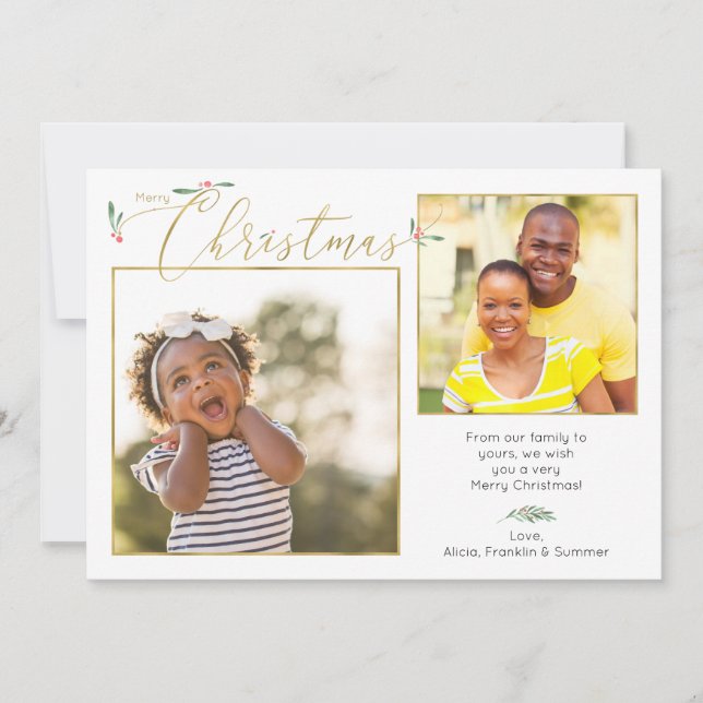 Cartes Pour Fêtes Annuelles Végétation de Noël + Typographie d'or 2-Photo (Devant)