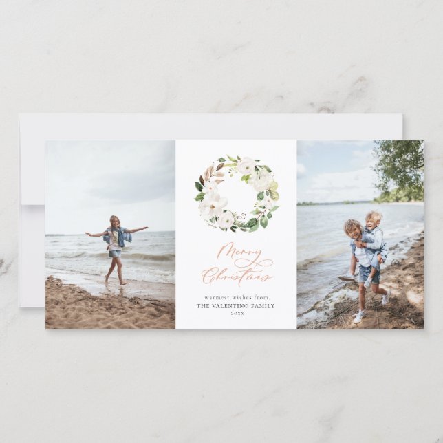 Cartes Pour Fêtes Annuelles Végétation florale blanche Wreath Photo de Noël (Devant)