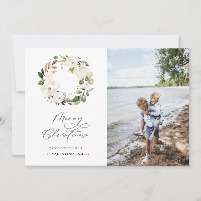 Cartes Pour Fêtes Annuelles Végétation florale blanche Wreath Photo de Noël (Devant)