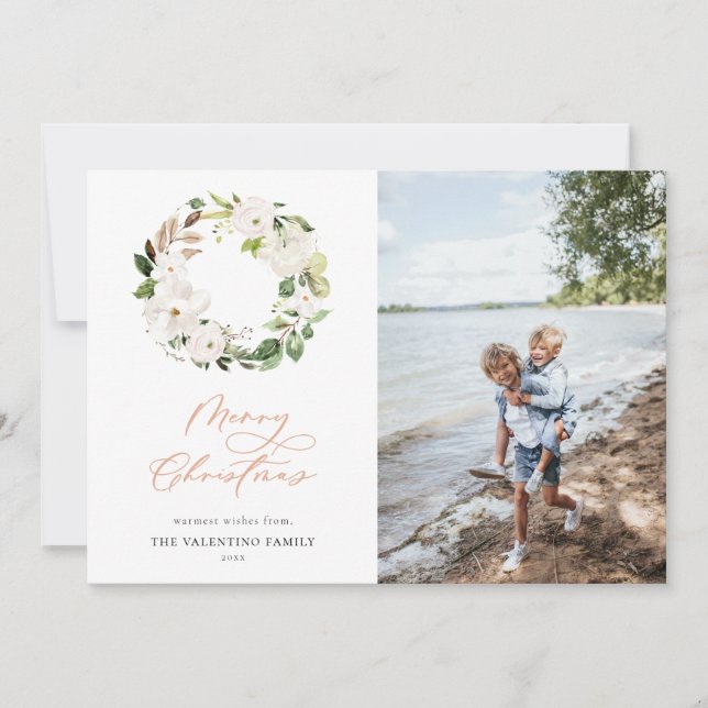 Cartes Pour Fêtes Annuelles Végétation florale blanche Wreath Photo de Noël (Devant)