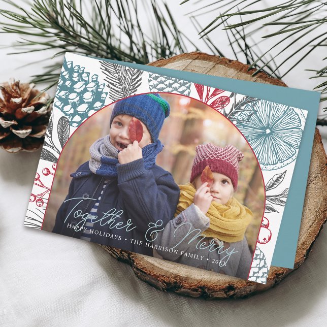 Cartes Pour Fêtes Annuelles Végétation hivernale moderne Photo de Noël (Modern Winter Greenery Christmas Photo Holiday Card)
