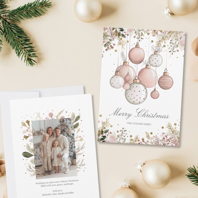 Cartes Pour Fêtes Annuelles Végétation rose pâle Photo de famille de Noël (pale green and blush pink christmass greenery photo card)