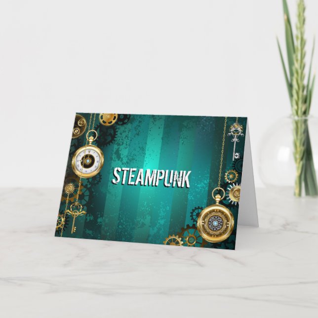Cartes Pour Fêtes Annuelles Veille bijoux Steampunk sur un Arrière - plan vert (Devant)