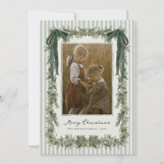 Cartes Pour Fêtes Annuelles Velvet Bow and Stripes Christmas Photo Card Green
