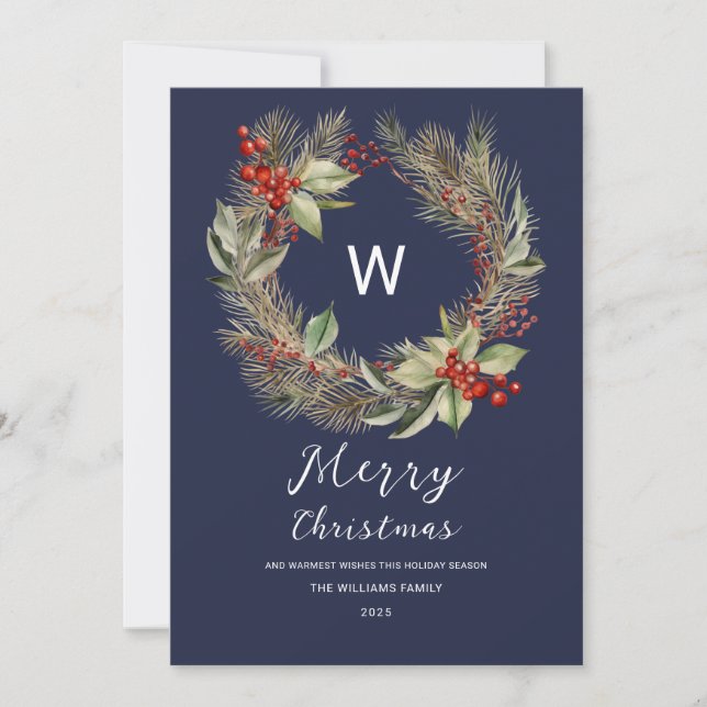 Cartes Pour Fêtes Annuelles Verdure de Noël monogramme couronne sur bleu marin (Devant)
