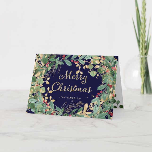Cartes Pour Fêtes Annuelles Verdure dorée | Joyeux Noël (Devant)