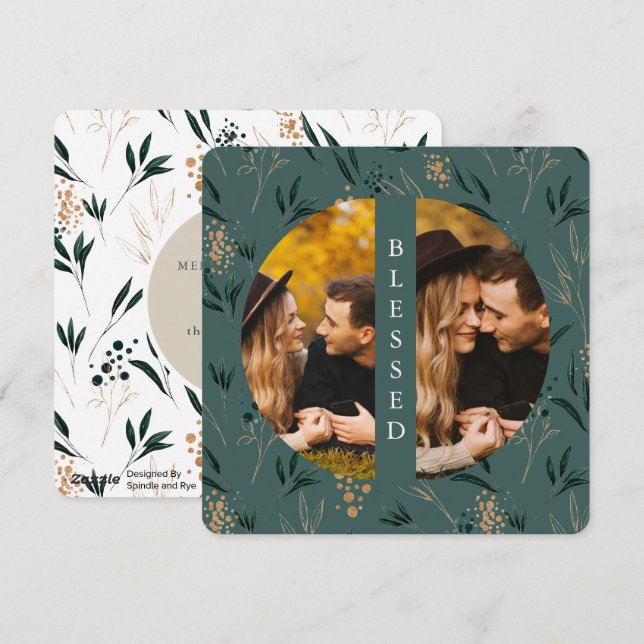 Cartes Pour Fêtes Annuelles Verdure dorée Turquoise bienheureuse deux photos (Devant / Derrière)