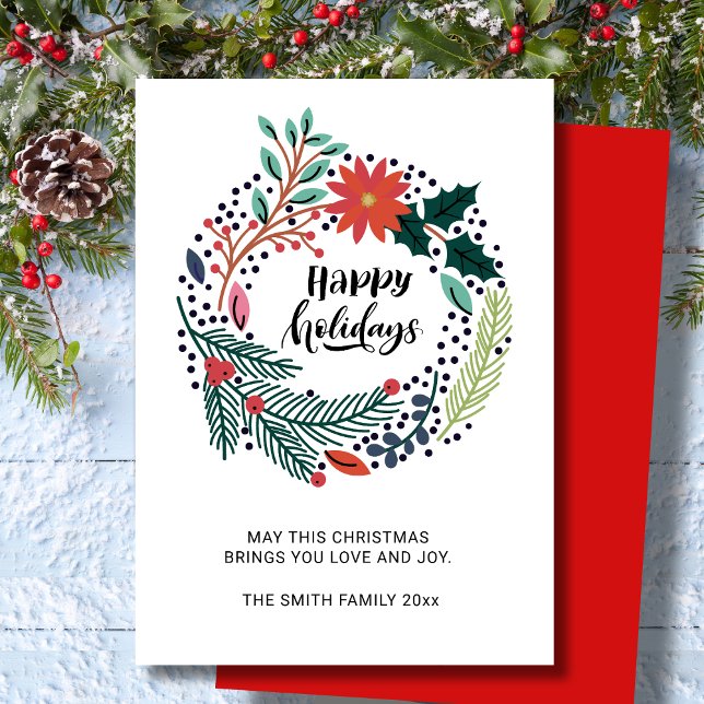 Cartes Pour Fêtes Annuelles Verdure rustique Poinsettia Rouge Fleur Wreath Chi (Créateur téléchargé)