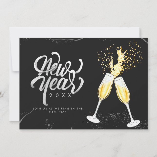 Cartes Pour Fêtes Annuelles Verre à vin noir doré champagne Confetti Moderne (Devant)