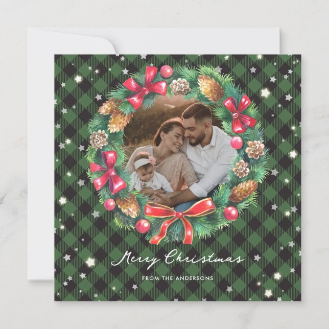 Cartes Pour Fêtes Annuelles Verre de Noël Green Plaid Stars Photo (Devant)