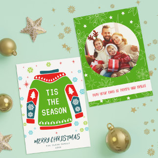 Cartes Pour Fêtes Annuelles Vert 1 Photo Famille laide Sweater C'est la saison