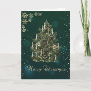 Cartes Pour Fêtes Annuelles Vert élégant, Arbre de Noël Vintage, Flammes de ne