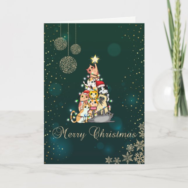 Cartes Pour Fêtes Annuelles Vert Élégant, Pin de chat, Pneus de neige (Devant)