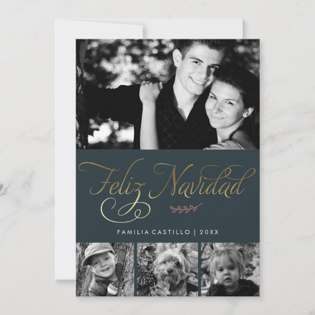 Cartes Pour Fêtes Annuelles Vert foncé et or Feliz Navidad Photo (Devant)