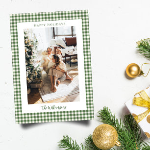 Cartes Pour Fêtes Annuelles Vert Gingham 2 Photo Cadre de Fêtes Script Élégant
