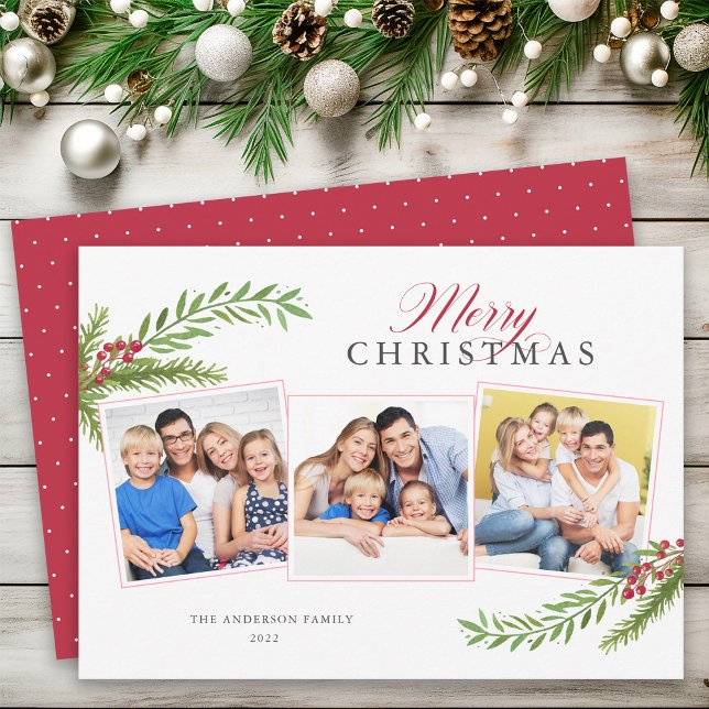 Cartes Pour Fêtes Annuelles Vert minimaliste hivernal 3 photos Joyeux Noël (Créateur téléchargé)