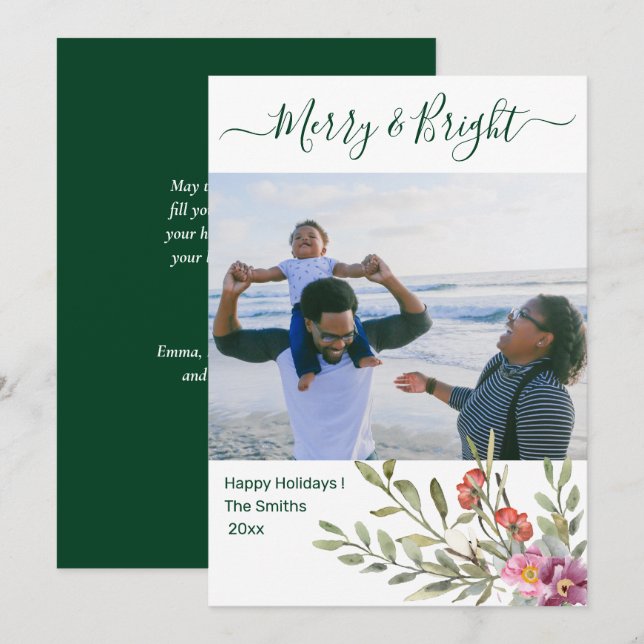 Cartes Pour Fêtes Annuelles Vert moderne Élégant Script Aquarelle Floral (Devant / Derrière)