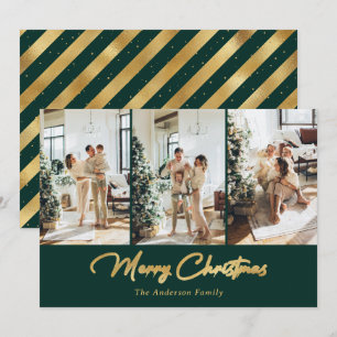 Cartes Pour Fêtes Annuelles Vert moderne Gold 3 Photo Joyeux Noël