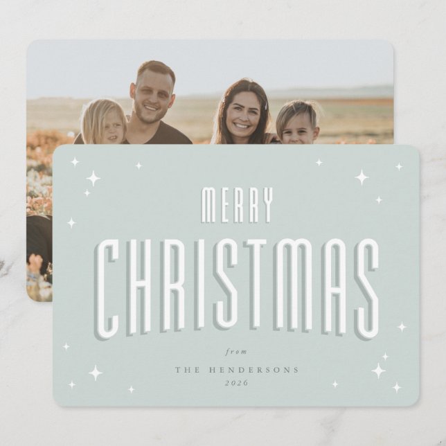 Cartes Pour Fêtes Annuelles Vert pâle Joyeux Noël Étoiles Rétro Photo Plate (Devant / Derrière)