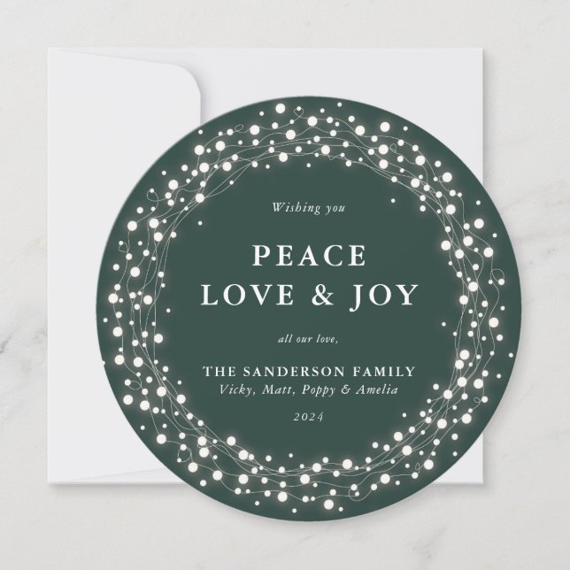 Cartes Pour Fêtes Annuelles Vert Rond Éclairage Paix Amour + Joie (Devant)