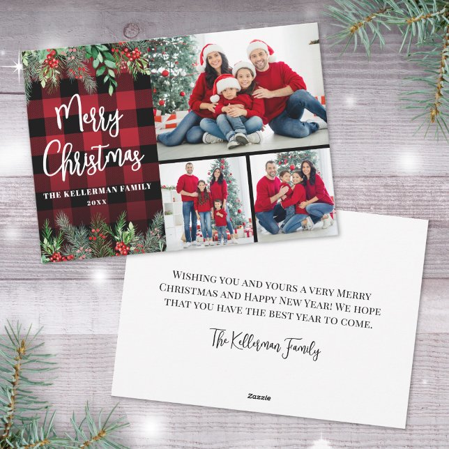 Cartes Pour Fêtes Annuelles Vert Rouge Plaid Photo Joyeux Noël (Greenery Red Plaid Photo Merry Christmas Holiday Card)