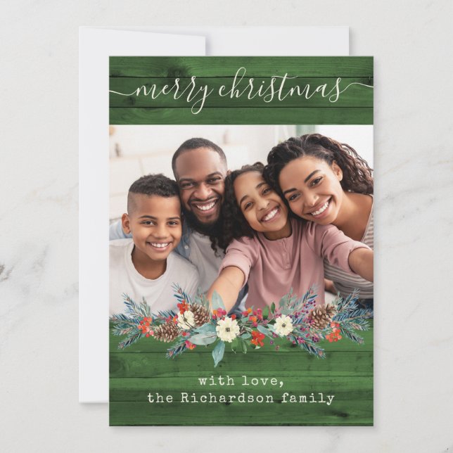 Cartes Pour Fêtes Annuelles Vert rustique verdure de Noël | Photo et script (Devant)