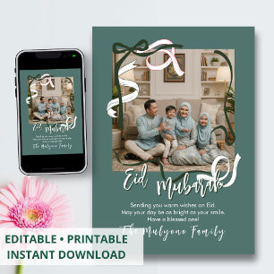 Cartes Pour Fêtes Annuelles Vert sauge Ruban moderne Photo de famille Eid Moub