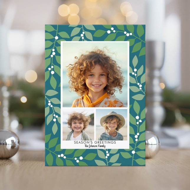Cartes Pour Fêtes Annuelles Vert turquoise botanique moderne - 3 photo (A festive botanical holiday card with 3 photos)