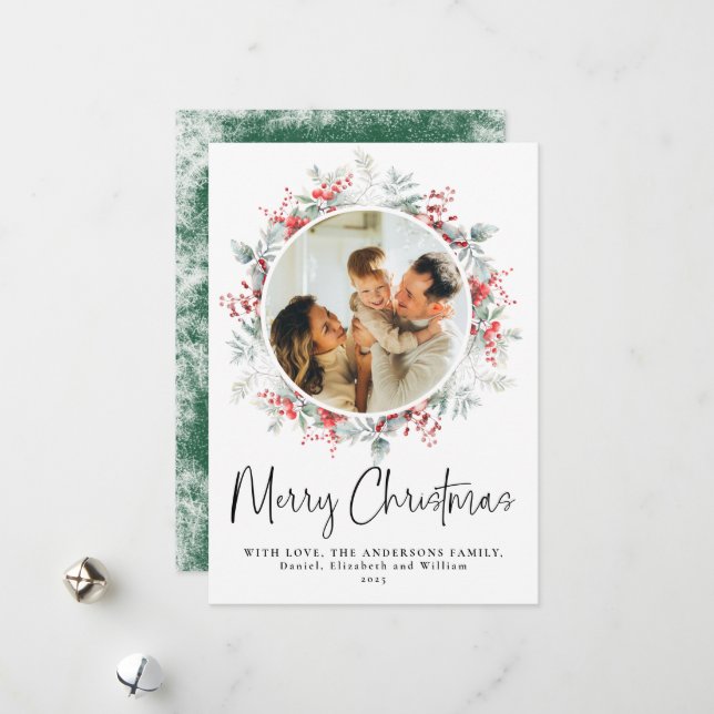 Cartes Pour Fêtes Annuelles Verte Elegante couronne botanique Script de Noël (Devant/Arrière en situation)