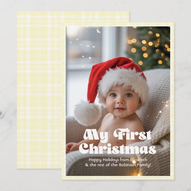 Cartes Pour Fêtes Annuelles Vichy citron mousseline Mon premier Noël bébé (Devant / Derrière)
