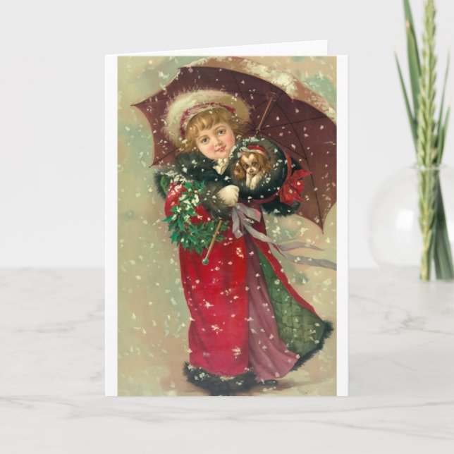 Cartes Pour Fêtes Annuelles Victorian Girl with Puppy Christmas Note Card (Devant)