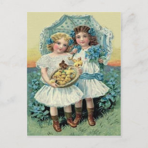 Cartes Pour Fêtes Annuelles Victorian Girls Easter Chick Forget Me Not Umbrell