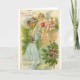 Cartes Pour Fêtes Annuelles Victorian Woman et Cupid Valentine's Day Card