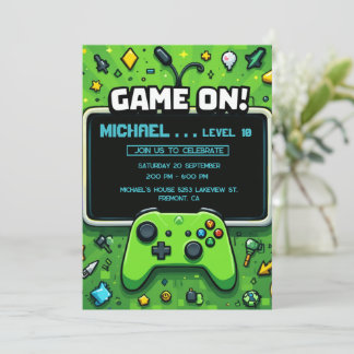 Cartes Pour Fêtes Annuelles Vidéo Jeu Green Anniversaire de enfant Party Invit
